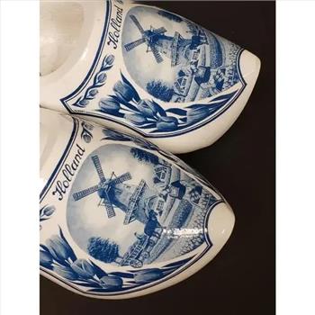Hand Painted Holland Windmill-Tulips Farm Wood Carved White & Blue Clog Shoes