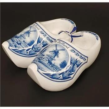 Hand Painted Holland Windmill-Tulips Farm Wood Carved White & Blue Clog Shoes