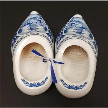 Hand Painted Holland Windmill-Tulips Farm Wood Carved White & Blue Clog Shoes