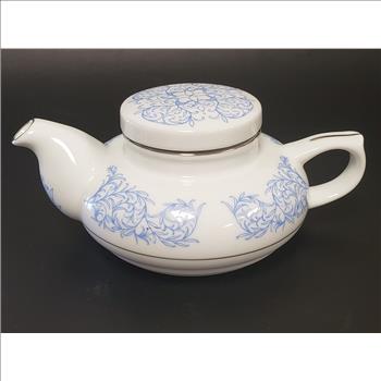 Vintage Mlesna White Porcelain Blue Floral Pattern Silver Trim Lidded Teapot, Sri Lanka