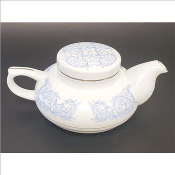 Vintage Mlesna White Porcelain Blue Floral Pattern Silver Trim Lidded Teapot, Sri Lanka