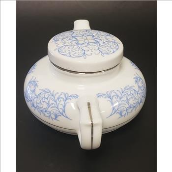 Vintage Mlesna White Porcelain Blue Floral Pattern Silver Trim Lidded Teapot, Sri Lanka