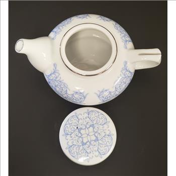 Vintage Mlesna White Porcelain Blue Floral Pattern Silver Trim Lidded Teapot, Sri Lanka