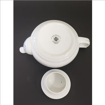 Vintage Mlesna White Porcelain Blue Floral Pattern Silver Trim Lidded Teapot, Sri Lanka