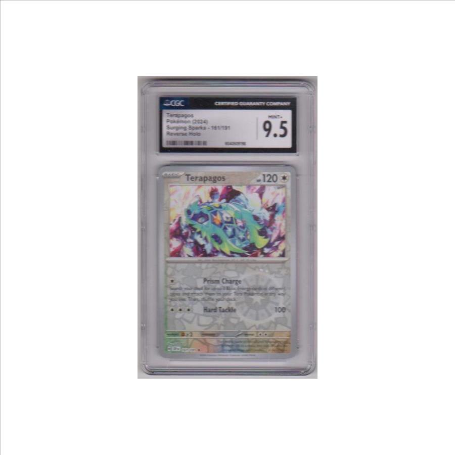 Graded CGC Mint+ 9.5 - Terapagos 2024 Pokemon Surging Sparks Reverse Holo #161/191 Card