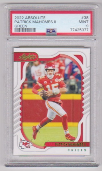 Graded PSA Mint 9 - Patrick Mahomes 2022 Panini Absolute Green Letter Parallel #38 Card