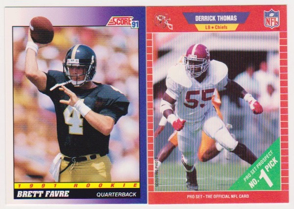 1991 Score Brett Favre #611 + 1989 Pro Set Derrick Thomas #498 Rookie Card Pair