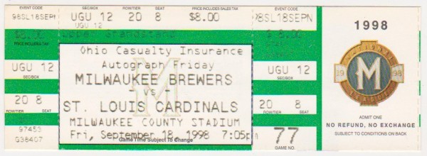 1998 Mark McGwire Home Run Record Breaking Season Cardinals/Brewers UNUSED Baseball Game Ticket - Home Run #64 Game!