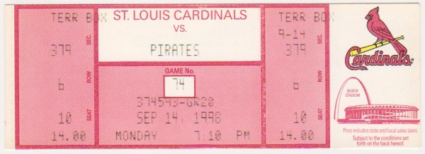 1998 Mark McGwire Home Run Record Breaking Season Cardinals/Pirates UNUSED Baseball Game Ticket - RARE