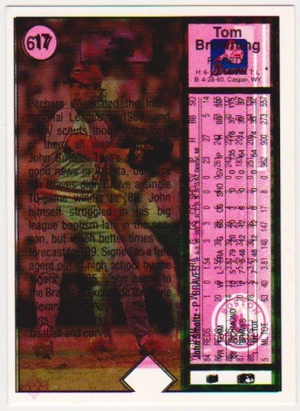 Error - John Smoltz 1989 Upper Deck Rookie With Blank Front/Double Print Back - Rare Misprint