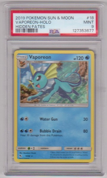 Graded PSA Mint 9 - Vaporeon 2019 Pokemon Sun & Moon Hidden Fates HOLO #18/68 Card
