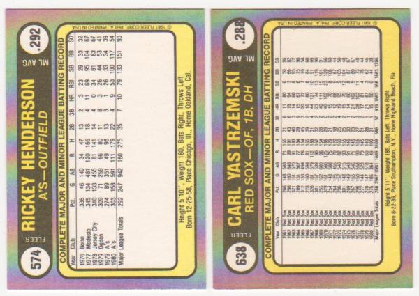 1981 Fleer Rickey Henderson #574 + Carl Yastrzemski #638 Card Pair ...