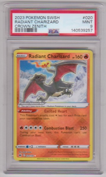 Graded PSA Mint 9 - 2023 Pokemon RADIANT CHARIZARD Sword & Shield Crown Zenith #020/159 Card