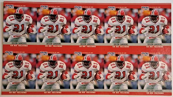 Uncut Sheet - 1990 Pro Set Deion Sanders #36 Ten Card Sheet