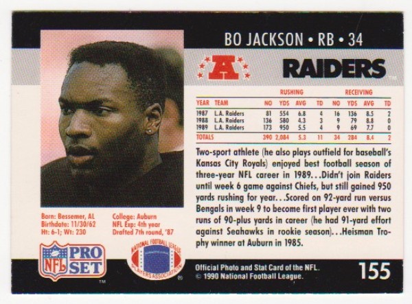 Wrong Front Error - Bo Jackson 1990 Pro Set Football Card