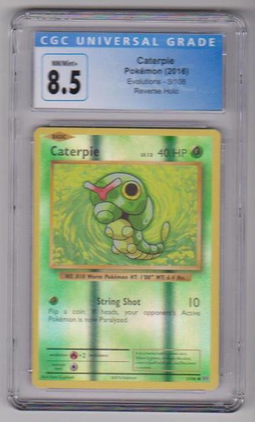 Graded CGC NM/Mint+ 8.5 - Caterpie 2016 Pokemon REVERSE HOLO #3/108 Card