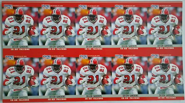 Uncut Sheet - 1990 Pro Set Deion Sanders #36 Ten Card Sheet