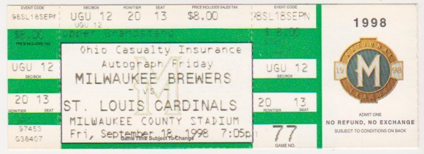 1998 Mark McGwire Home Run Record Breaking Season Cardinals/Brewers UNUSED Baseball Game Ticket - Home Run #64 Game!