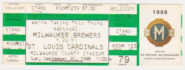 1998 Mark McGwire Home Run Record Breaking Season Cardinals/Brewers UNUSED Baseball Game Ticket - Home Run #65 Game!