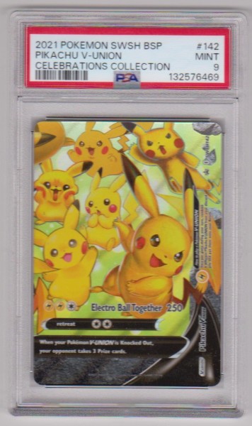 Graded PSA Mint 9 - Pikachu V-Union 2021 Pokemon Sword & Shield Black Star Promo #SWSH142 Card