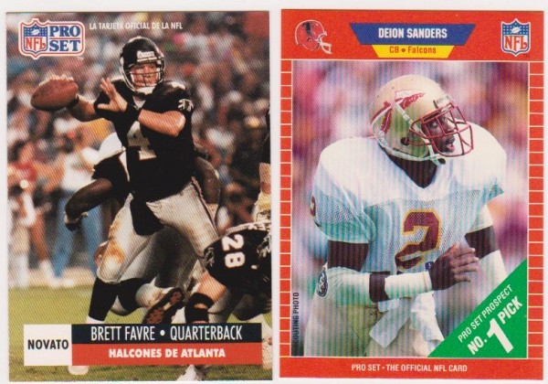 1991 Pro Set Spanish Brett Favre #262 + 1989 Pro Set Deion Sanders #486 Rookie Card Pair