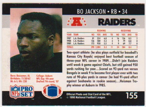 Wrong Front Error - Bo Jackson 1990 Pro Set Football Card