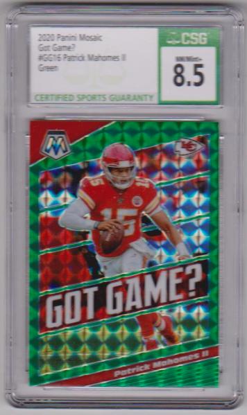 Graded CSG NM/Mint 8.5 - Patrick Mahomes 2020 Panini Mosaic Got Game? Green #GG16 Insert Card