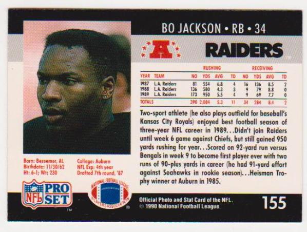 Wrong Front Error - Bo Jackson 1990 Pro Set Football Card