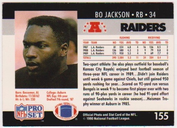 Wrong Front Error - Bo Jackson 1990 Pro Set Football Card