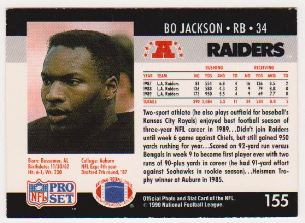 Wrong Front Error - Bo Jackson 1990 Pro Set Football Card