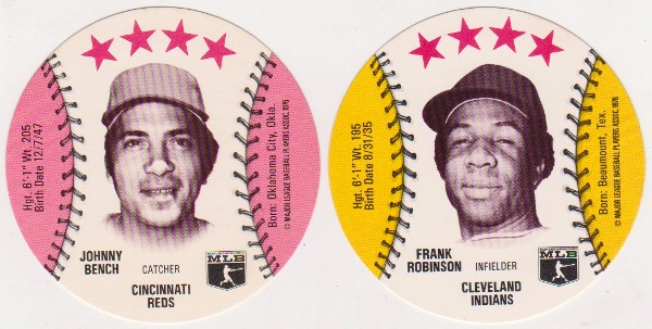 1976 Isaly's Disc Johnny Bench + Frank Robinson Card Pair - HOF'ers