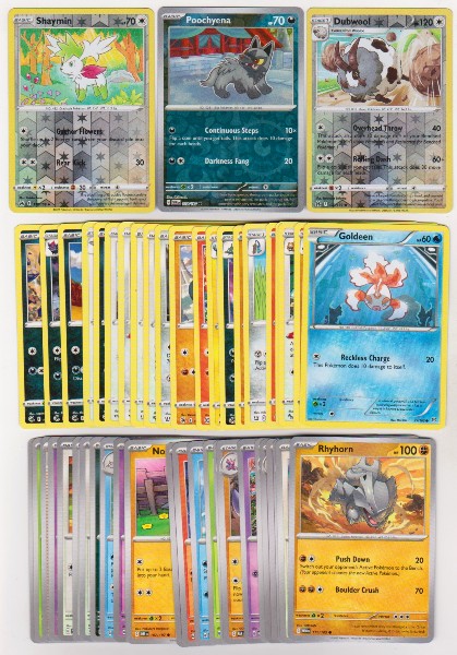 50 Different Pokemon Trading Cards w/ 3 REVERSE HOLOS + More