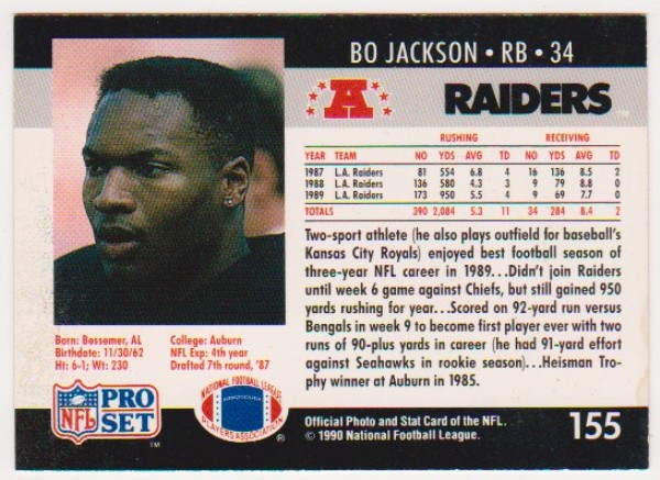 Wrong Front Error - Bo Jackson 1990 Pro Set Football Card