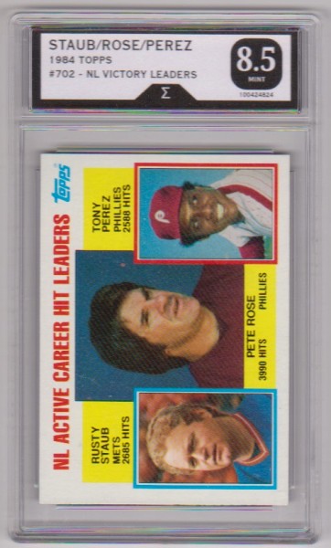 Graded Sigma Mint 8.5 - Pete Rose/Rusty Staub/Tony Perez 1984 Topps #702 Card