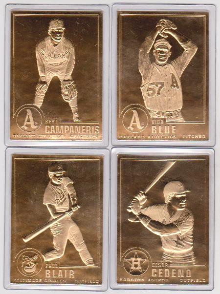  22kt Gold - 4 Different 1996 Danbury Mint Gold Cards - Vida Blue, Bert Campaneris, Cesar Cedeno, Paul Blair