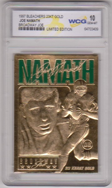 Graded Gem Mint 10 - Joe Namath 1997 Bleachers 23 Kt Gold Card