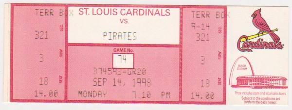 1998 Mark McGwire Home Run Record Breaking Season Cardinals/Pirates UNUSED Baseball Game Ticket - RARE
