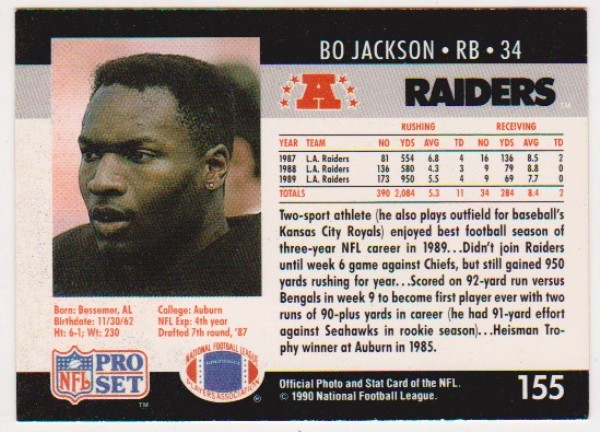 Wrong Front Error - Bo Jackson 1990 Pro Set Football Card
