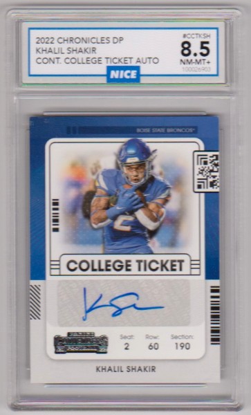 Graded Nice NM-MT+ 8.5 - Khalil Shakir 2022 Panini Chronicles Draft Picks College Ticket #CCT-KSH Certified Autographed Insert Card