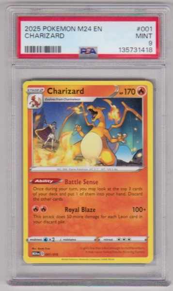 Graded PSA Mint 9 - Charizard 2025 Pokemon M24 EN #001/015 Card