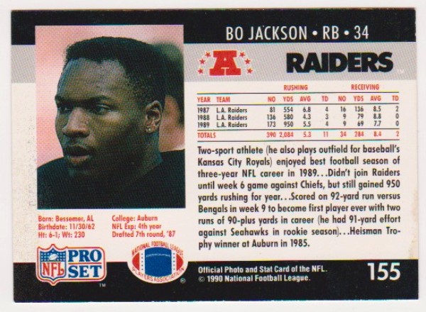 Wrong Front Error - Bo Jackson 1990 Pro Set Football Card