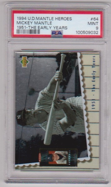 Graded PSA Mint 9 - Mickey Mantle 1994 Upper Deck Baseball Heroes #64 Insert Card