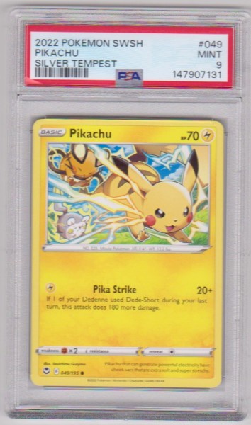 Graded PSA Mint 9 - Pikachu 2022 Pokemon Sword & Shield Silver Tempest #049/195 Card