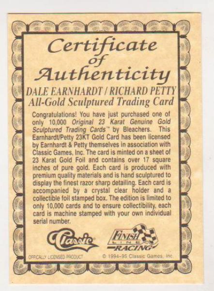 23 Kt Gold - 1994-95 Classic Richard Petty/Dale Earnhardt Gold Card w