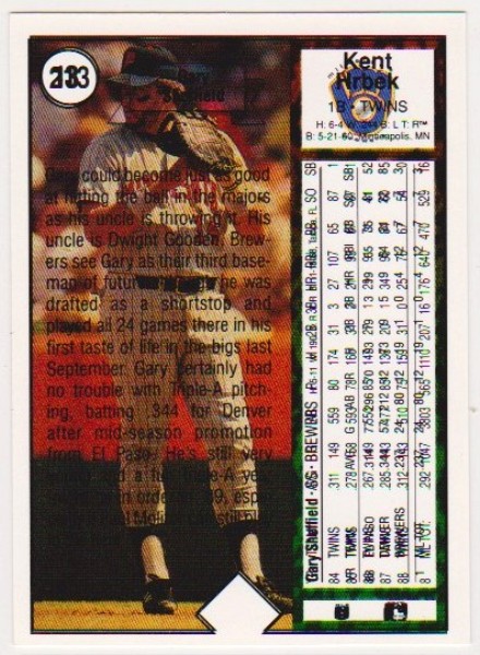 Error - Gary Sheffield 1989 Upper Deck Rookie w/ Double Print Back, Kent HrBek Front - Rare Misprint