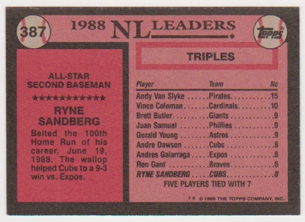 Wrong Front Error - Ryne Sandberg 1989 Topps - HOF'er