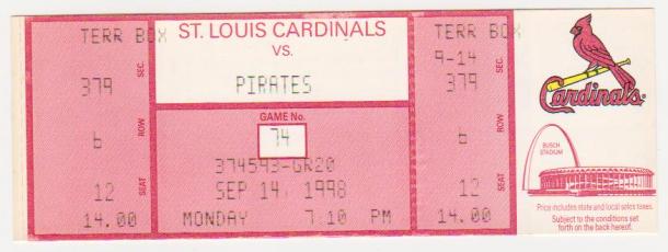 1998 Mark McGwire Home Run Record Breaking Season Cardinals/Pirates UNUSED Baseball Game Ticket - RARE