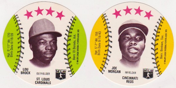 1976 Isaly's Disc Lou Brock + Joe Morgan Card Pair - HOF'ers