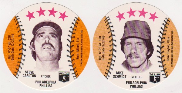 1976 Isaly's Disc Mike Schmidt + Steve Carlton Card Pair - HOF'ers