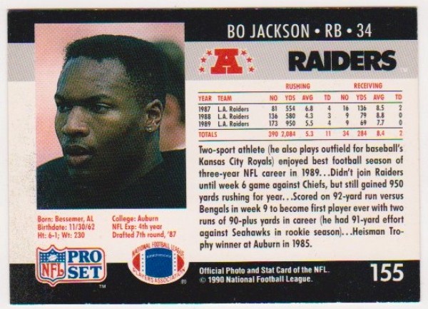 Wrong Front Error - Bo Jackson 1990 Pro Set Football Card